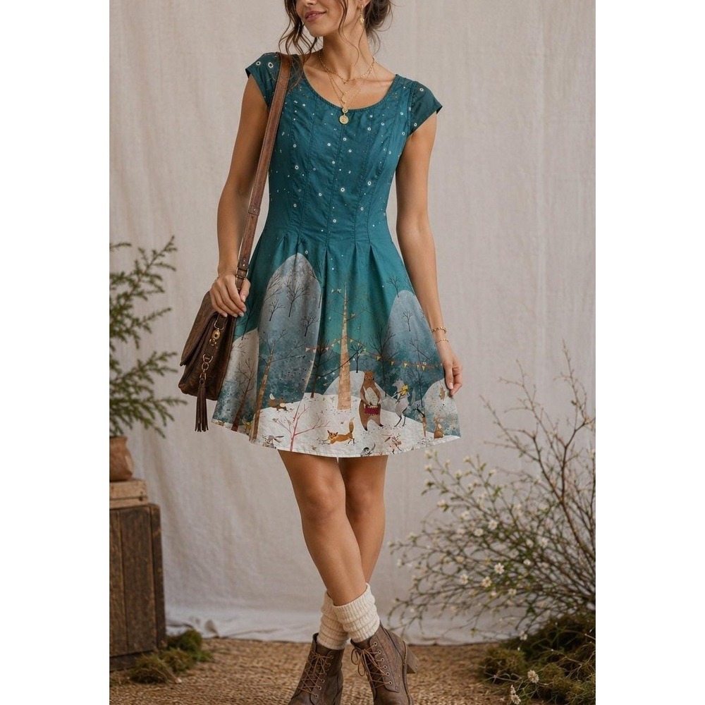 Whimsical Woodland Storybook Creatures Rare Antix Brazil Animal Print Mini Dress